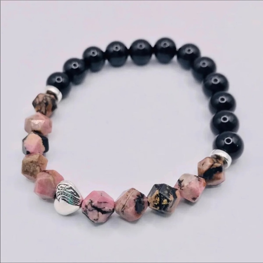 Handmade Genuine Rhodonite + Black Onyx Gemstone Beaded Stretch Bracelet
